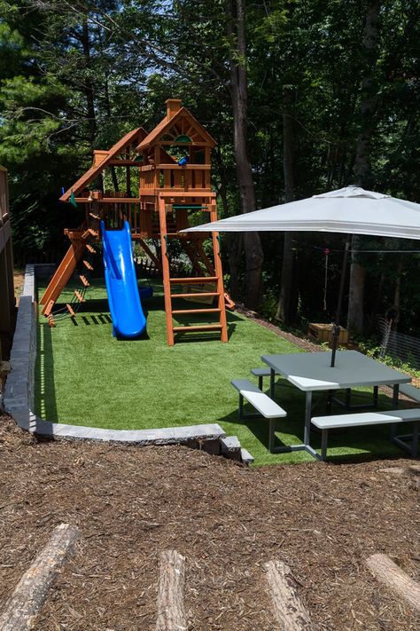 Playground With Turf, Turf Play Area Backyard, Turf Playground Backyard, Turf Play Area, Swingset Landscaping, Infant Playground, Artificial Turf Backyard, Playground Turf, Back Garden Landscaping