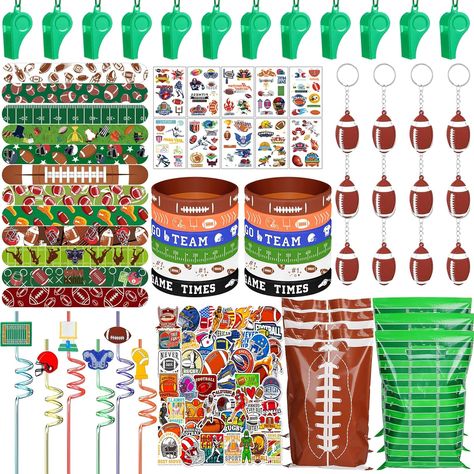 This football themed party favors set contains 12 football silicone bracelets,12 whistles, 12 football keychain, 12 slap bracelet, 12 tattoo stickers, 12 plastic straws, 12 gift bags, 50 football stickers. Children and adults will love these football party supplies! It’s a perfect football party favors gift for kids’ football birthday party decorations. Kids Football Birthday Party, Sports Themed Party Favors, Football Party Favors, Football Keychain, Sports Party Favors, Football Party Supplies, Football Party Decorations, Football Theme Party, Party Giveaways