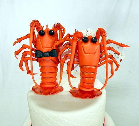 Crayfish Cake Topper Made from gum paste - Mr and Mrs Crayfish (our local version of a lobster). All those legs!! Crawfish Cake, Lobster Cake, Lobster Tail, Lobster Tails, Wedding Cake Decorations, 80th Birthday, Gum Paste, Mr And Mrs, Fascinator