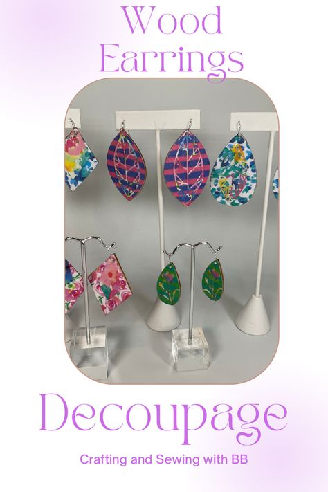 Decoupage On Wood, Decoupage Wood, Wood Dangle Earrings, Mixed Media Jewelry, Mix Media, Wood Cutouts, Wooden Earrings, Wood Earrings, Sewing For Beginners