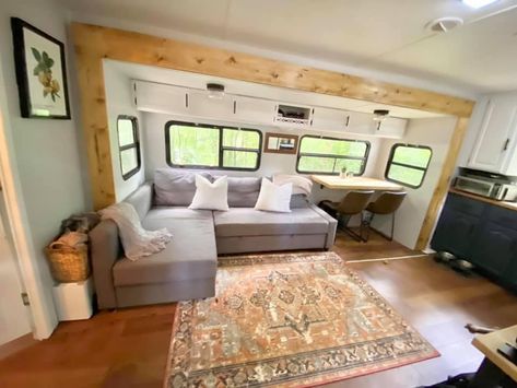 Camper Sectional, Fithwheel Trailers Remodel, Rv Interior Design, Motorhome Remodel, Camper Redo, Rv Interior Remodel, Camper Reno, Camper Interior Design, Rv Dreams