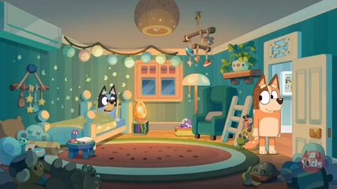 Bluey Cartoon House Inside, Bluey Heeler House Layout, Bluey Bingo Bedroom Ideas, Bluey Home Decor, Bluey House Layout, Bluey Room Theme, Diy Bluey Room Decor, Bluey's House Layout, Bluey Themed Room Ideas