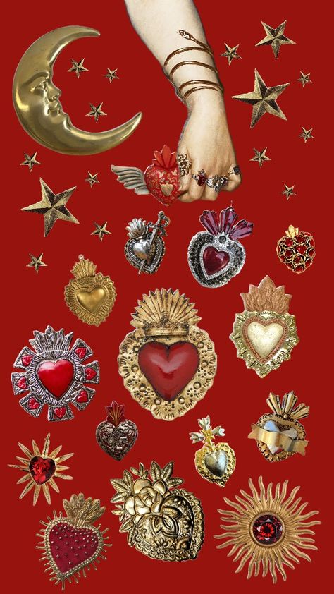 #mexican aesthetic #retro #golden #hearts #aesthetic #maximalist Mexican Heart Wallpaper, Tattoo Style Wallpaper, Mexican Sacred Heart Tattoo, Sacred Heart Aesthetic, Gold And Red Aesthetic, Candy Hearts Aesthetic, Frida Aesthetic, Mexican Catholic Aesthetic, Mexican Pattern Design