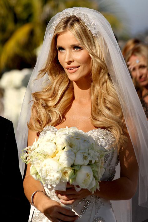 Joanna and Romain's Wedding Album Wavy Bridal Hair, Veil Hair Down, Bride Hairstyles With Veil, Bridal Hair Down, Wedding Dress Low Back, Bridal Hair Veil, Joanna Krupa, Wedding Hairstyles With Veil, Veil Hairstyles