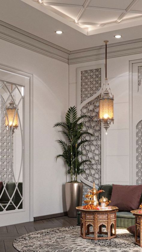 Islamic Interior Design Living Rooms, Modern Moroccan Decor Living Room, Modern Islamic Interior Design, Moroccan Interiors Living Room, Arabesque Decor, Modern Islamic Interior, Islamic Living Room, Islamic Interior, Arabic Interior Design