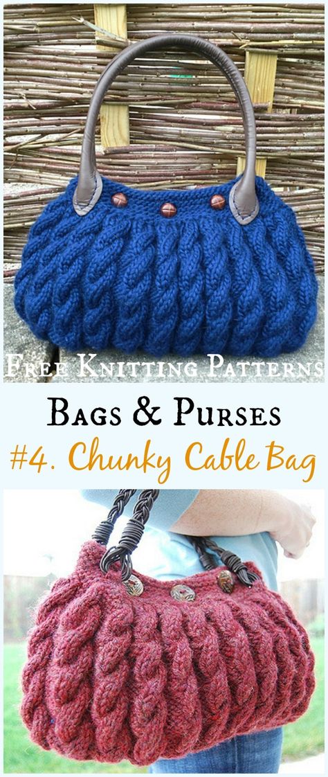 Chunky Cable Bag  Free Knitting Pattern - #Bags & Purses Free #Knitting Patterns Knit Handbags Pattern, How To Knit Bag, Knit Purse Patterns Free, Knit Bag Pattern Free, Diy Purse Patterns Free, Knitted Bags Free Patterns, Knitted Purses, Knitting Bag Diy, Purse Patterns Free