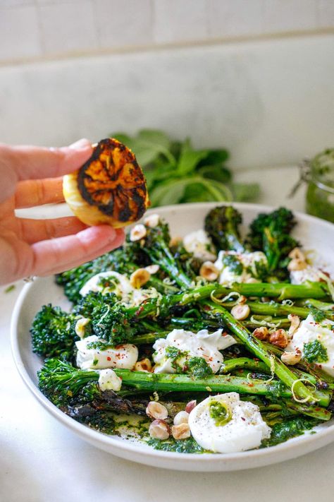 Broccolini Recipe, Grilled Broccolini, Feasting At Home, Grilled Lemon, Summer Side Dish, Basil Oil, Burrata Cheese, Summer Side Dishes, Outdoor Dinner