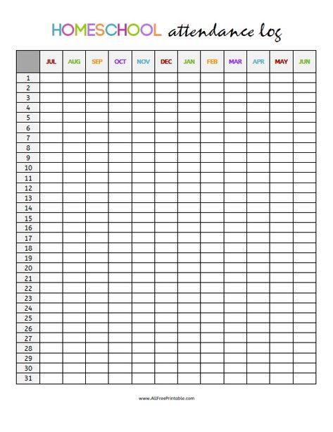 Free Printable Homeschool Attendance Log. Free Printable Homeschool Attendance Log, very useful form for keeping track of your student homeschool attendance. Great printable for teachers, students, parents, tutors and homeschoolers. You can check off every day of the school year that your child attended school. The attendance log starts from the month of July and ends the month of June. Homeschool Attendance Sheet, Homeschool Reading Log, Homeschool Daily Planner, Student Attendance Sheet, Homeschool Attendance, Homeschool Daily Schedule, Classroom Attendance, Attendance Tracker, Summer Homeschool