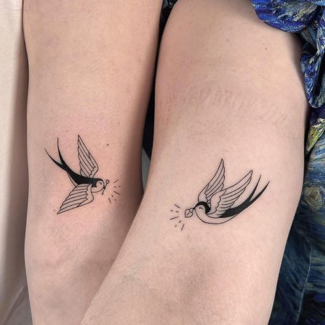 41 Unique Swallow Tattoo Ideas With Meaning Swallow Tattoo Couple, Couples Swallow Tattoo, Matching Swallow Tattoos, Matching Sparrow Tattoos, Sparrow Tattoo For Couples, Swallow Shoulder Tattoo, Small Swallow Tattoo, Swallow Tattoo Ideas, 2023 Tattoo Trends