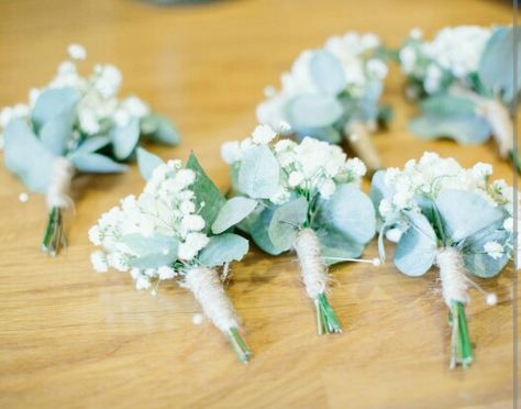 Gypsophile eucalyptus et cordelette pour les boutonnières des hommes Gypsophila And Eucalyptus Wedding, Button Holes Wedding Eucalyptus, Eucalyptus And Gypsophila Bouquet, Gypsophila Button Hole, Eucalyptus Buttonhole, Mother Of Bride Corsage, Simple Boutonniere, Christmas Wedding Bouquets, Gypsophila Bouquet