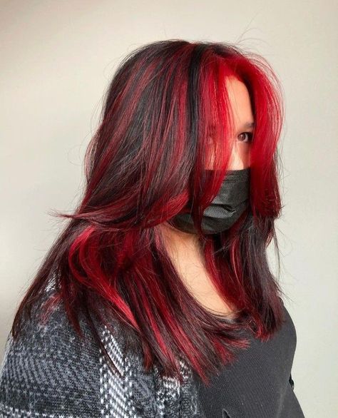 Flaming Beauty: Chic Hairstyles That Enhance Your Red Locks Black Hair With Red Highlights Layers, Black Hair With Red Highlights Bangs, Bright Red Hair Highlights, Red Vivid Hair, Cherry Red Hair With Black Highlights, Red Highlights In Brown Hair Layers, Bright Red Hair With Black Highlights, Black With Red Streaks, Red And Black Layered Hair