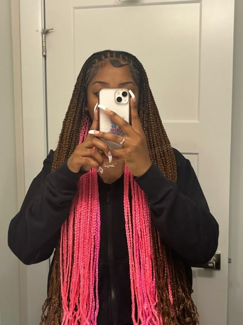 Fulani Braids Hairstyles Peekaboo, Peekaboo Braids Styles, Brown And Pink Peak A Boo Braids, Knotless Box Braids Pink And Brown, Fulani Peak A Boo Braids, Pink And Brown Fulani Braids, Small Braids With Color, Peak A Boo Braids Pink, Brown And Pink Knotless Braids Peekaboo