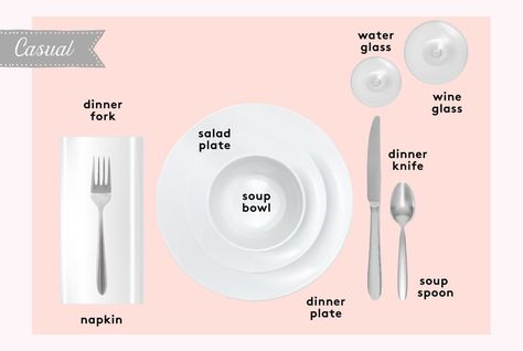 How to Set a Table: Basic, Casual and Formal Table Settings | Real Simple Proper Place Setting, Casual Dinner Table, Basic Table Setting, Proper Table Setting, Table Settings For Parties, Table Setting Etiquette, Formal Dinner Table, Casual Table Settings, Dinner Party Table Settings