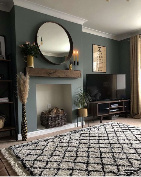 Long Wall With Fireplace, Fireplace Area Living Room, Dark Green Fireplace Wall, Living Room Inspiration With Fireplace, 1930s House Interior Living Rooms, 1930s Living Room, Sage Green Living Room, Log Burner Living Room, Dark Green Living Room