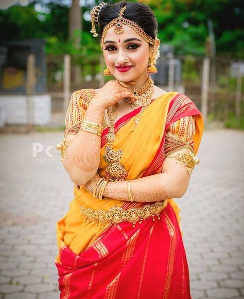 This Unique Hairdo Of Iyengar Brides Captured Our Hearts | WedMeGood Elegant Saree Look, Madisar Saree, India Wedding Dress, Brahmin Wedding, Saree Drapes, Heavy Jewelry, South Indian Bride Saree, Bridal Hairstyle Indian Wedding, Saree Draping Styles