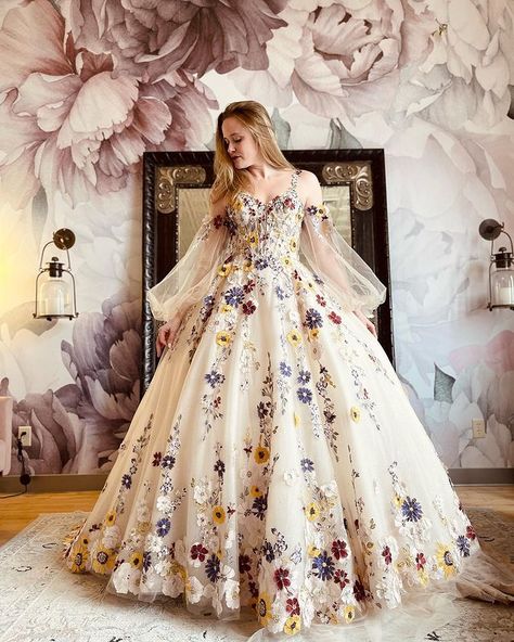 Wedding Dress With Pastel Flowers, Colored Floral Wedding Dress, Historical Wedding Dress, Pastel Wedding Dress, Flowery Wedding Dress, A Line Wedding Dress Sweetheart, Wedding Dresses Sweetheart, Nontraditional Wedding Dress, Embroidered Wedding Dress