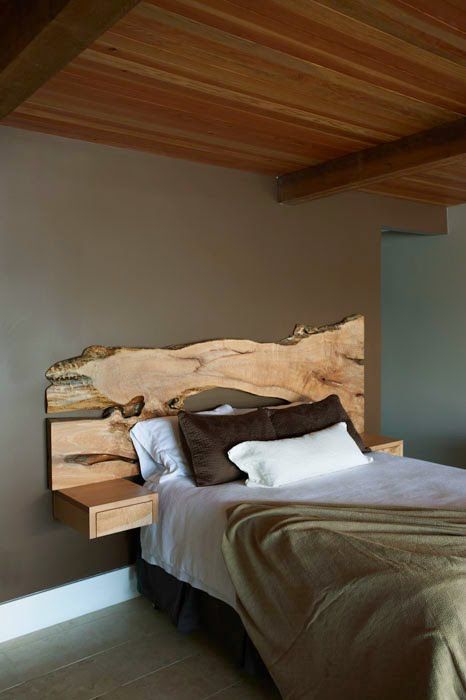 Live Edge headboard.  The linens/room are drab but I can imagine a modern log cabin quilt on this bed - mwah! Live Edge Headboard, Wood Headboards, Modern Log Cabin, Reclaimed Wood Headboard, Dinner Chair, Modern Headboard, Live Edge Furniture, Wooden Headboard, Diy Headboard