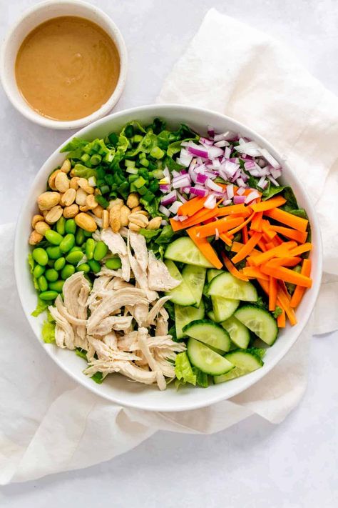 This Thai inspired Chopped Salad with Peanut Sauce is super easy to make and is full of delicious flavours and bright colours! Thai Chopped Salad, Salad With Peanut Sauce, Thai Peanut Salad, Peanut Salad, Make Shredded Chicken, Thai Salads, Edamame Beans, Thai Peanut, Romaine Lettuce Salad