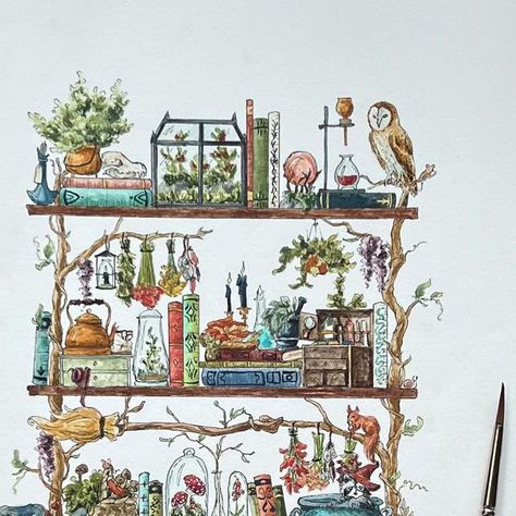 Witch Bookshelf Drawing, Bookshelf Watercolor Painting, Witches Shelf Drawing, Shelves Drawing, Witch Bookshelf, Bookshelf Artwork, Witchy Garden, Cottage Core Art, Witch Drawing