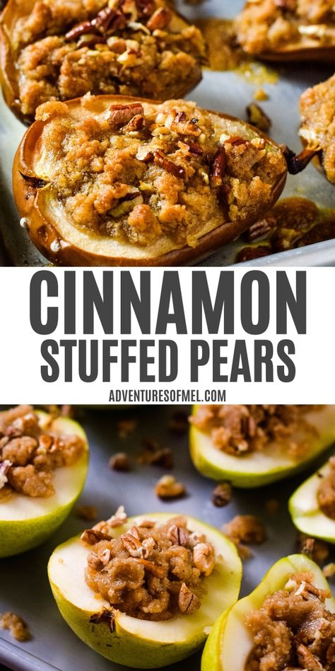 baked stuffed pears on baking sheet, unbaked stuffed pears on baking sheet with crumble and chopped pecans Stuffed Pears Desserts, Things To Make With Fresh Pears, What To Make With Pears, Pear Recipes Healthy, Pear Dumplings, Baked Pears Recipe, Stuffed Pears, Pears Recipes, Pear Recipes Easy