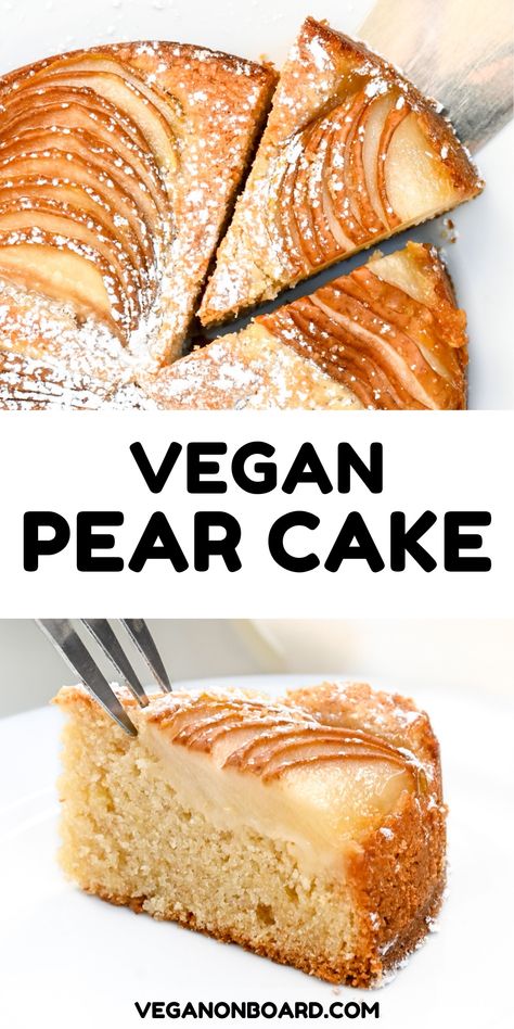 A moist cake with a little fiery kick of ginger, topped with sliced pear and a sprinkle of brown sugar. Vegan Pear Upside Down Cake, Vegan Pear Muffins, Pear Vegan Recipes, Pear Cake Vegan, Vegan Pear Dessert, Pear Dessert Recipes Healthy, Vegan Pear Cake, Vegan Pear Recipes, Vegan Cakes Recipe