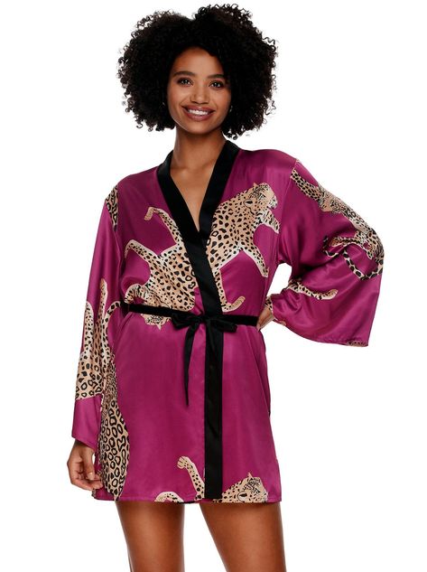 Jezebel | Adrienne Printed Satin Kimono – Felina Exotic Dramatic, Kimono Online, Short Satin, Printed Kimono, Animal Print Fabric, Satin Kimono, Lace Bandeau, Printed Robe, Loungewear Women