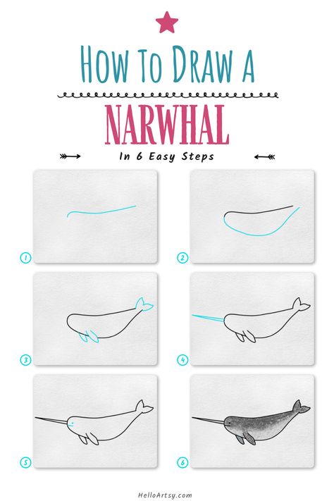 Draw easy narwhal for beginners! Perfect for children who want to learn how to draw! Follow along with each illustration to draw a narwhal drawing. Want to see the full lesson with a PRINTABLE GUIDE? It's completely FREE. CLICK to ACCESS! Narwhal Drawing Simple, Cute Narwhal Drawing, Blue Whale Drawing, Not Quite Narwhal Craft, Narwhal Drawing, Cartoon Narwhal, Narwhal Illustration Cute, Sea Creatures Drawing, Alphabet Drawing