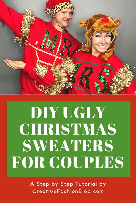 Diy Ugly Xmas Sweater Couples, Ugly Sweater Ideas For Couples, Diy Ugly Christmas Sweater Ideas, Ugly Sweater Tree, Ugly Sweater Couple, Easy Ugly Christmas Sweater, Creative Ugly Christmas Sweater, Ugly Christmas Sweater Diy Funny, Matching Ugly Christmas Sweaters