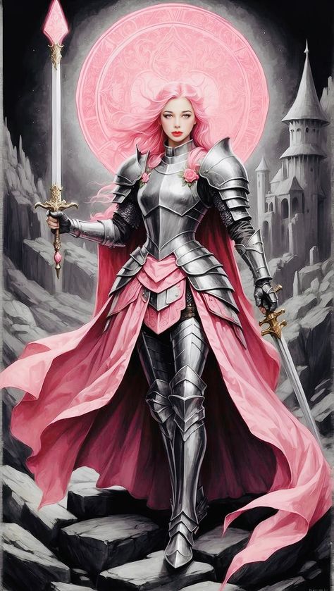 Paladin Armor Female, Woman In Armor Art, Female Armor Design, Female Armor Dress, Female Warrior Character Design, Amazon Armor, Lady Armor, Pink Armor, Female Armour