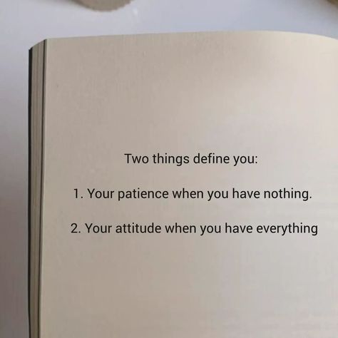 Agree? Two things define you: 1. Your patience when you have nothing. 2. Your attitude when you have everything. 🔥Follow 👉@curiosity4learningg for more such life lessons reels:✏️🔥 BG @pinterest . . #motivation, #motivationalquotes, #inspiration, #mindset, #lifequotes, #motivational, #positivevibes, #happiness #lovequotes #love #couple #feelings #couplegoals #dailyinspire Two Things Define You, Love Couple, Positive Vibes, Life Lessons, Couple Goals, Office Decor, Love Quotes, Motivational Quotes, Life Quotes