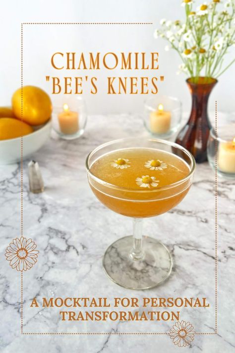 Chamomile Bees Knees Mocktail Recipe Old Fashioned Recipes Mocktail, Honey Mocktail Recipe, Night Cap Mocktails, Chamomile Mocktail, Elderflower Mocktail Recipe, Chamomile Cocktail, Chamomile Recipes, Chamomile Tea Recipe, Tea Mocktail