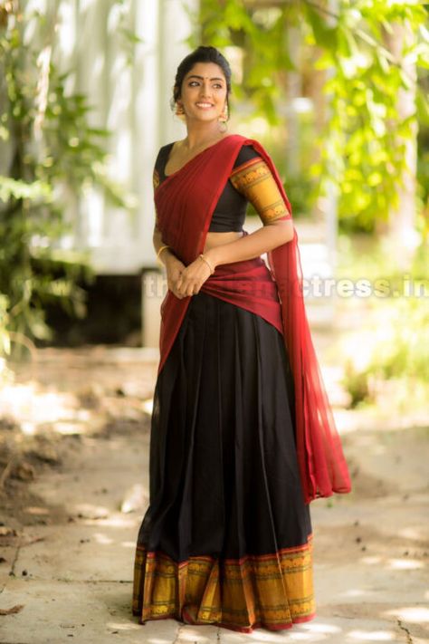 Telugu Half Saree, Maroon Half Saree, South Indian Half Saree, Indian Half Saree, Langa Voni Half Saree, South Indian Fashion, Jacquard Lehenga, Eesha Rebba, Cute College Outfits