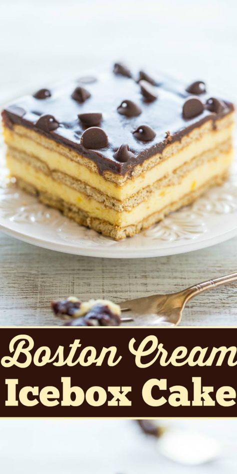 Boston Cream Icebox Cake (Refrigerator Cake Recipe) - Averie Cooks Boston Cream Pie Ice Box Cake, Coffee Ice Box Cake Recipes, Refrigerator Cake Recipes No Bake, Summer Icebox Cake, Icebox Cake Recipes Graham Crackers, Boston Cream Desserts, Ice Box Cake Graham Cracker, Refrigerator Cake Recipes, Boston Recipes