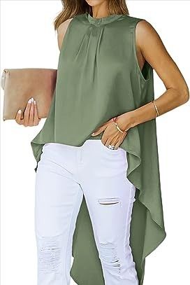 💃Mock Neck High Low Asymmetrical Sleeveless Loose Flowy Blouses Shirts💃💃 Pinterest Wardrobe, Sewing Collars, Womens Tops Dressy, Flowy Blouse, Flowy Tops, Dressy Casual, Sewing Ideas, Mock Neck, High & Low