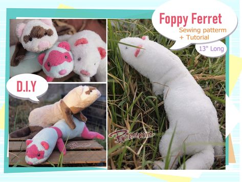 PDF pattern + instructions - Floppy Ferret plush toy - DIY Ferret Plush, Ferret Diy, Sewing Templates, Cute Sewing Projects, Animal Sewing Patterns, Sewing Stuffed Animals, Plushie Patterns, Sewing Stitches, Plush Pattern