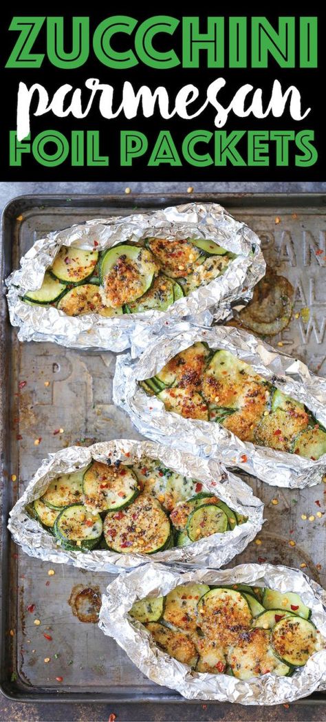 Zucchini Parmesan Foil Packets - Minimum effort, zero clean-up and easy serving! These can also be grilled or baked so you can have it anytime, anywhere! Grilled Zucchini Recipes, Zucchini Parmesan, Foil Pack Dinners, Foil Packet Dinners, Foil Pack Meals, Foil Dinners, Foil Packet Meals, Parmesan Zucchini, Grilled Zucchini