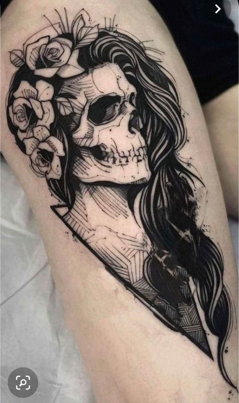 Female Skull Tattoo Design, Macabre Tattoos For Women, Skull Tattoo Ideas Female, Skull With Hair Tattoo, Rose And Skull Tattoo For Women, Female Skull Tattoo, Feminine Skull Tattoos For Women, Half Woman Half Skull Tattoo, Skull Tattoos For Women