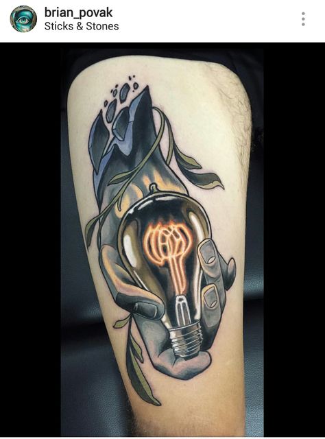 Lightbulb tattoo by Brian Povak Tattoo Ideas For Electricians, Lightbulb Tattoo Design, Electrical Tattoos For Men, Electric Tattoo Ideas, Electrician Tattoo Ideas, Electrical Tattoo, Electrician Tattoo, School Tattoo Ideas, Healthcare Tattoo