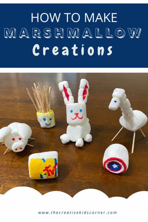 How to make marshmallow creations - Make marshmallow animals, people, or even logos Marshmallow Crafts For Kids, Crafts With Marshmallows, Mini Marshmallow Crafts, Edible Art Projects For Kids, Marshmallow Figures Ideas, Marshmallow Arts And Crafts For Kids, Marshmallow Activities For Kids, Marshmallow Figures Recipe, Marshmallow Animals