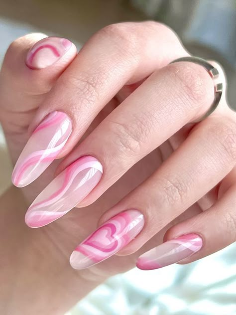 Pink Heart Acrylics, Powerpuff Girls Heart Nails, Powerpuff Heart Nails, Retro Heart Nails, Power Puff Nails, Heart Nails Aesthetic, Power Puff Girls Nails, Powerpuff Nails, Purple Heart Nails