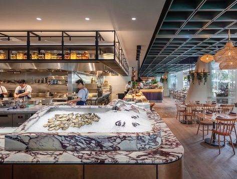 Seafood On Ice Display, Seafood Display, Fish Bar, Seafood Bar, Miami Mansion, Calacatta Viola Marble, Paul Kelly, Viola Marble, Fish Restaurant