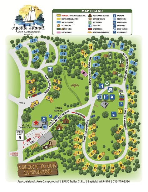 Campground Map | Apostle Islands Area Campground and RV Park Campground Map Design, Campground Design Ideas, Camping Area Design Plan, Camping Area Design, Camp Grounds Ideas, Campground Playground, Business Park Design, Suburbia Overture, Rv Park Design Plans