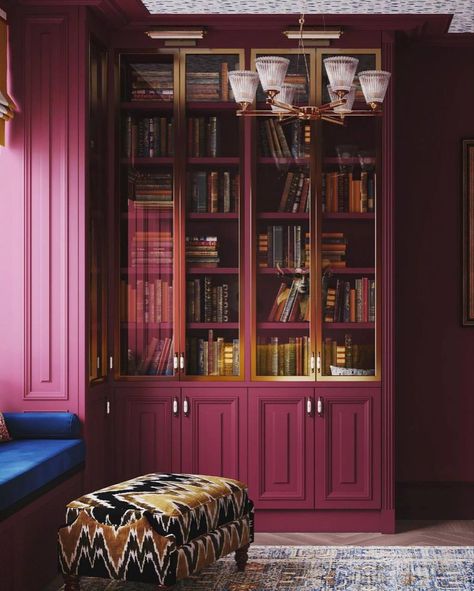 Purple Library, Pink Library, Red Bookcase, Burgundy Walls, Painted Bookshelves, Library Bedroom, Bookshelf Inspiration, 3 Strikes, Colorful Interior Design