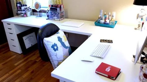 Part one of my guest bedroom to office makeover. I created an l-shaped corner desk with the IKEA Linnmon desks. I love my new vanity and workspace. L Shaped Desk Room Layout, Ikea Desk Hack L Shape, Ikea L Shaped Desk Hack, Ikea Corner Desk Hack, L Shape Desk Diy, Ikea Filing Cabinet, Ikea L Shaped Desk, Desk/vanity Ideas, Bedroom To Office