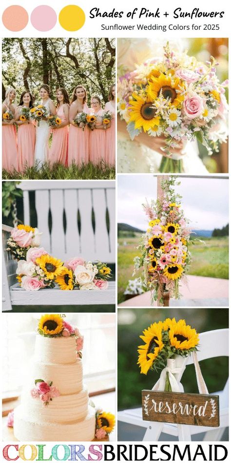 Shades of pink and sunflowers for sunflower wedding colors 20255, peach bridesmaid dresses, white bridal gown, sunflowers and shades of pink flowers of bouquets, ceremony arch and wedding venue décor, white wedding cake with sunflowers and shades of pink flowers décor. #weddingcolors #weddingideas #sunflowerweddings #colsbm #2025 #bridesmaiddresses #pinkweddings #peachweddings #pinkandsunflowers Sunflower Wedding Colors, Sunflower Wedding Cake, Peach Bridesmaid Dresses, Wedding Color Palettes, White Bridal Gown, Pink Sunflowers, Wedding Color Trends, Pink Wedding Theme, Wedding Venue Decorations