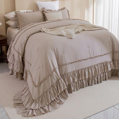 PRICES MAY VARY. 【Ultra Soft Material】Masaca vintage shabby farmhouse oversized king comforter is with latest stone washed process craft,ultra softer touch feeling than other similar items.Comfy and fluffy for all seasons. 【Farmhouse Ruffle Style】Masaca taupe ruffle bedding comforter is with 2-layer HANDMADE ruffle hems and solid taupe bedding color, this tan ruffled oversize king plus comforter set will help you build an elegant house that full of vintage farmhouse looking. 【Expert Craftsmanshi Country Bedding Sets, Oversized King Comforter, Bedding Color, Taupe Bedding, Farmhouse Bedding Sets, Chic Bedding Sets, Ruffle Comforter, French Country Bedding, Shabby Chic Bedroom Furniture