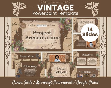 A modern take on the classic vintage style, this presentation template is perfect for businesses of all sizes. With its clean lines and minimal design, it's sure to make a lasting impression on your audience. Download now and get started on your next Art Slide Presentation, Canva Vintage Design, Cool Powerpoint Ideas, Presentation Board Ideas, Slides Ideas Presentation, Google Slides Presentation Ideas, Vintage Ppt Template, Slideshow Ideas Powerpoint, Ppt Vintage