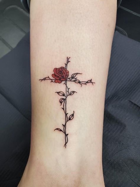 Cross With Crown Tattoos For Women, Female Cross Tattoos, Woodburning Design, Rose Thorn Tattoo, Christian Cross Tattoos, Crown Tattoos For Women, Feminine Cross Tattoo, 2024 Tattoo, Thorn Tattoo