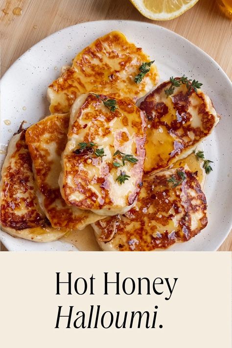 Hot Honey Halloumi | This Little Plate. Honey With Cheese, Halloumi Cheese Appetizers, Haloumi Recipes Dinner, Halumi Cheese Recipes, Hot Honey Recipes, Honey Halloumi, Cheese Recipes Dinner, Halloumi Cheese Recipes, Honey Appetizers