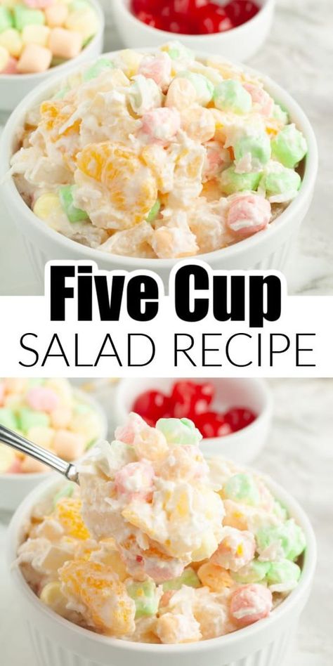 5 cup salad is an old fashioned recipe that is straight from grandma's table. Made with just a few ingredients, this 5 cup fruit salad is a great side dish or dessert. Sweet, tangy, and delicious, 5 cup salad is perfect for the holidays, parties, potlucks, and BBQ's. Pudding Fruit Salad Recipe, 7up Salad Recipe, Recipes Using Mandarin Oranges, 5 Cup Salad Recipe, Five Cup Salad Recipe, 5 Cup Fruit Salad, 5 Cup Salad, Old Fashioned Recipe, Salads Recipes